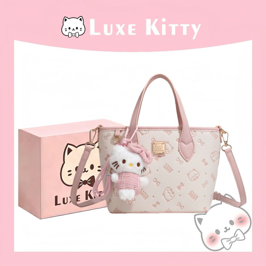 Cute kitty Print Mini Handbag with Plush Charm