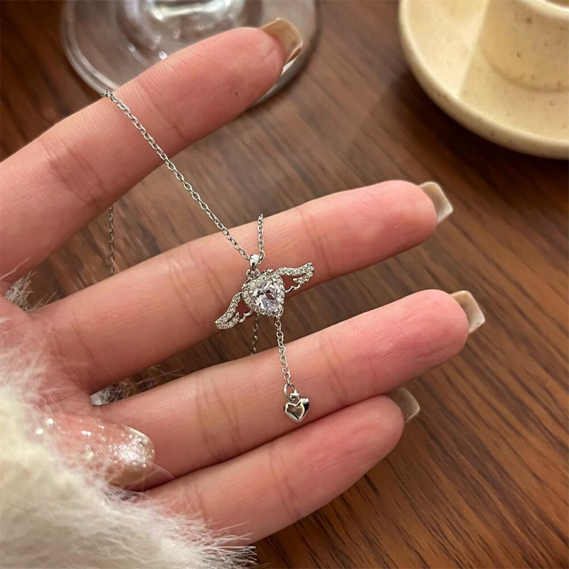 Angel Wings Crystal Heart Pendant Necklace