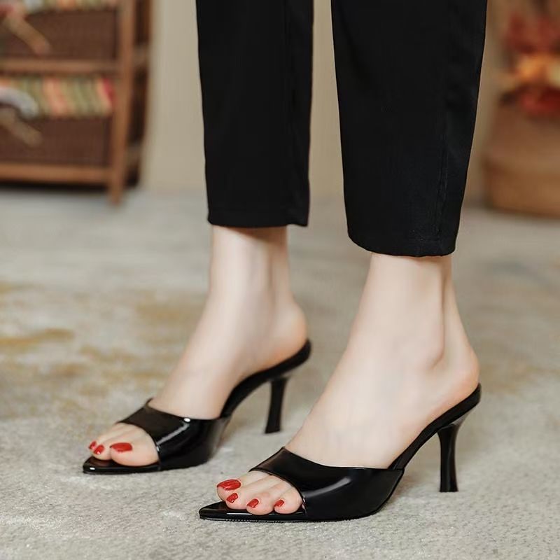Glossy Patent Leather Pointed-Toe Heeled Mules
