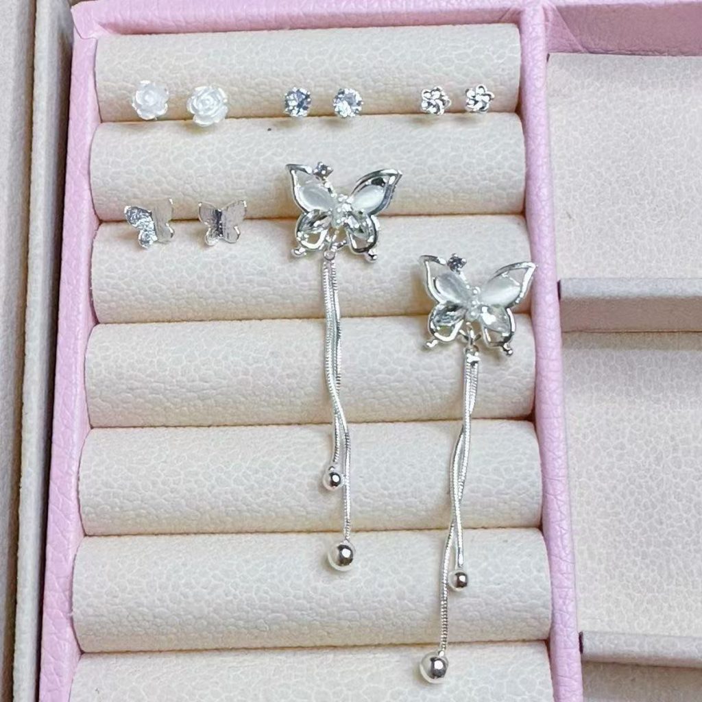 Silver Butterfly & Floral Stud Set with Long Tassel Dangle Earrings