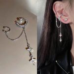 Y2K Silver Rhinestone Double Ear Cuff with Dangling Star Chains