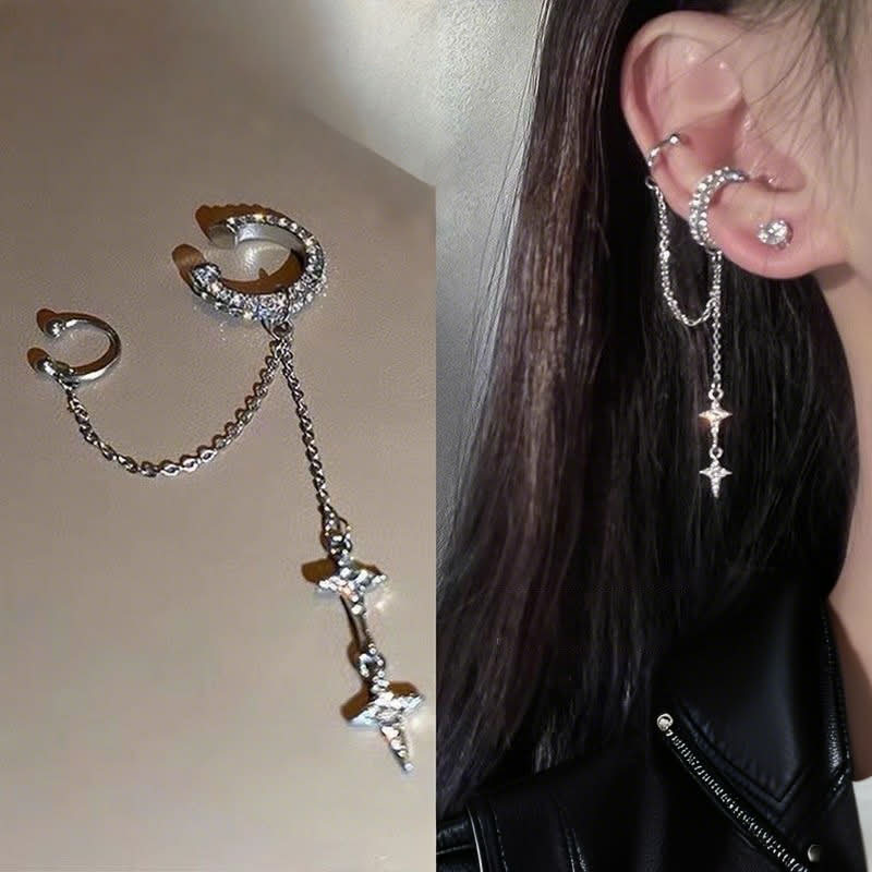 Y2K Silver Rhinestone Double Ear Cuff with Dangling Star Chains
